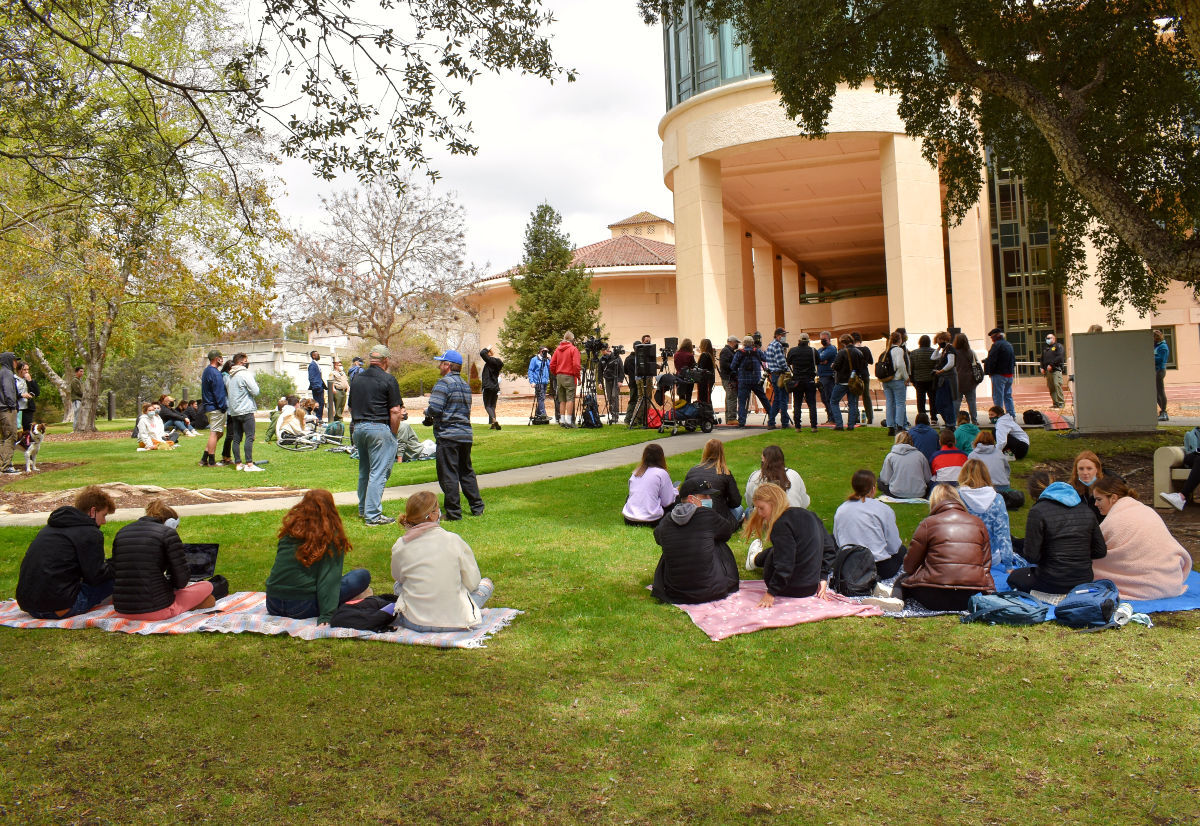 San Luis Obispo residents gather at Cal Poly to witness a press conference of the Kristin Smart case.